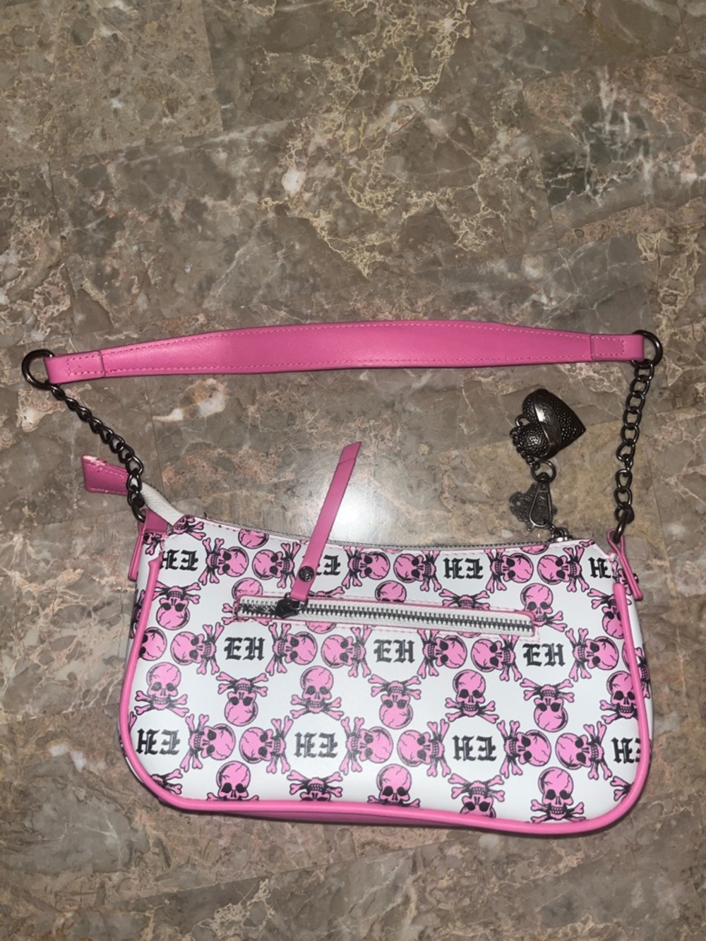 Ed Hardy Pink and White Graphic Wristlet Shoulder Bag flawed - Picture 4 of 7